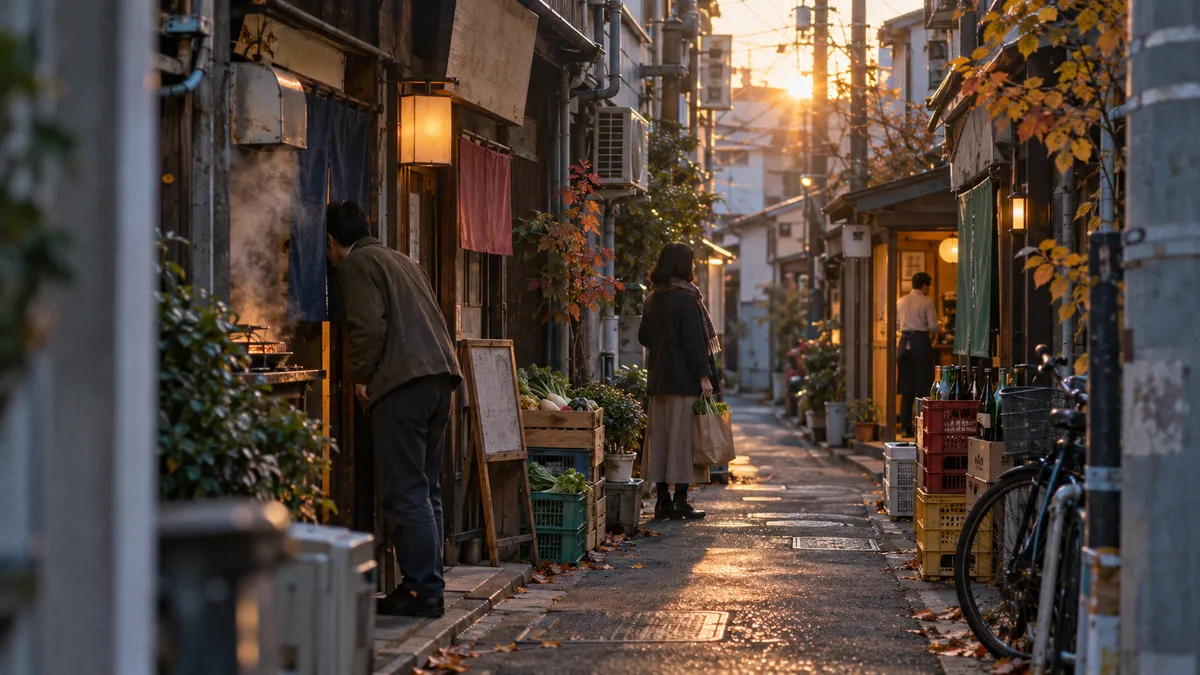 夕日が差し込む細い小路