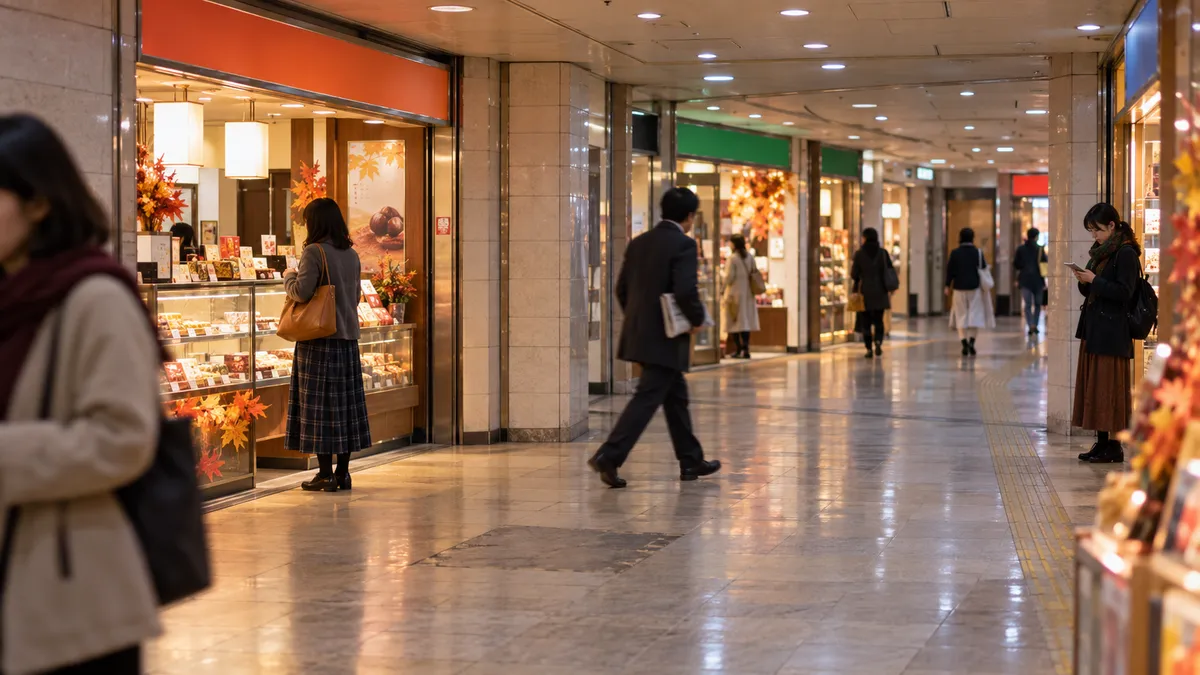 天井の低い通路に店のショーケースが並ぶ