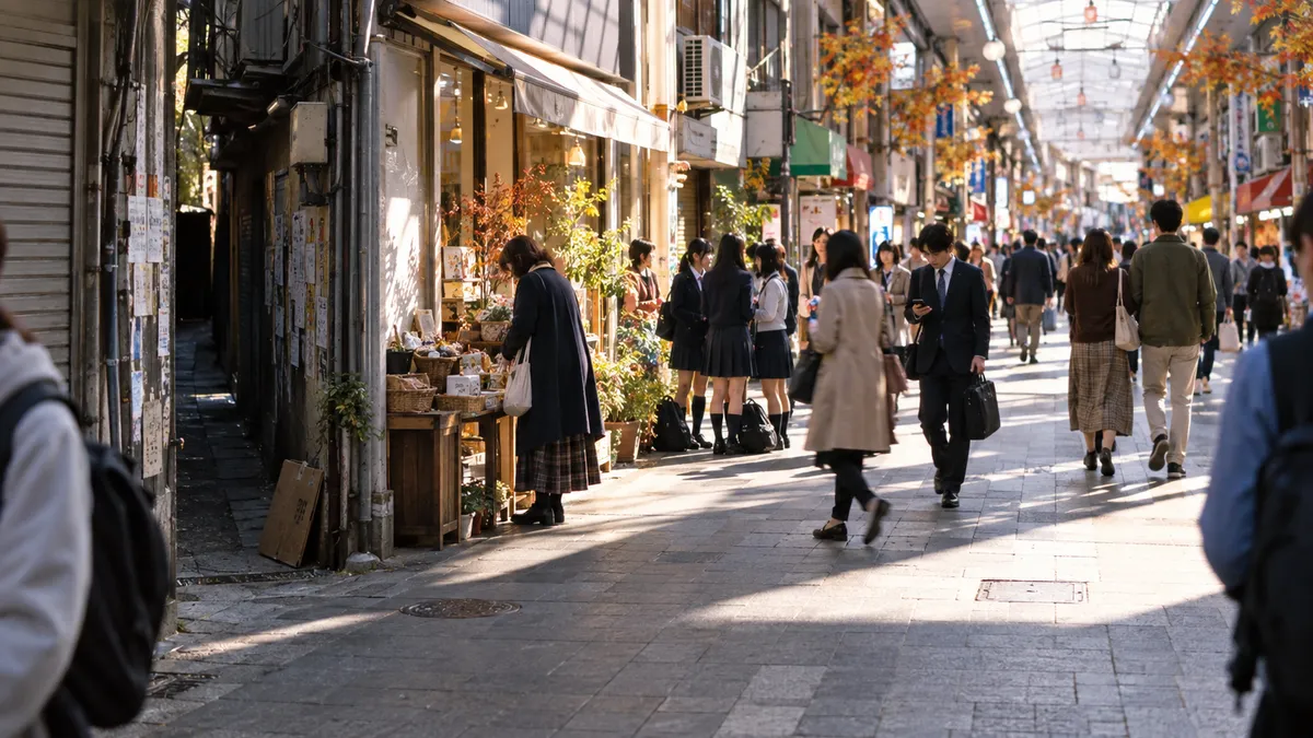 長い屋根の下の明るい商店街