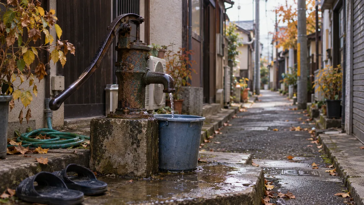 狭い路地のコンクリートに、長い柄のついた鋳鉄の手押しポンプが立つ