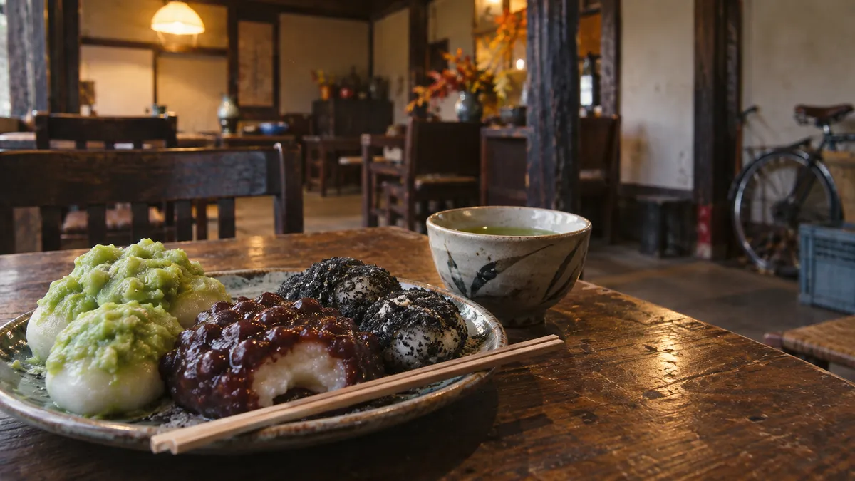 皿に、ずんだ・あん・黒ごまをまとった三種の餅が並び、湯のみと箸が添えられている