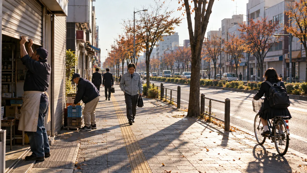 色づいた街路樹が両側に続く、まっすぐで幅の広い通りの朝