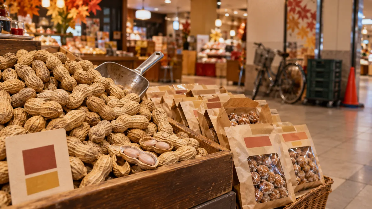 殻つきの落花生が木箱に山と積まれ、網目のしわと乾いた質感が間近に見える