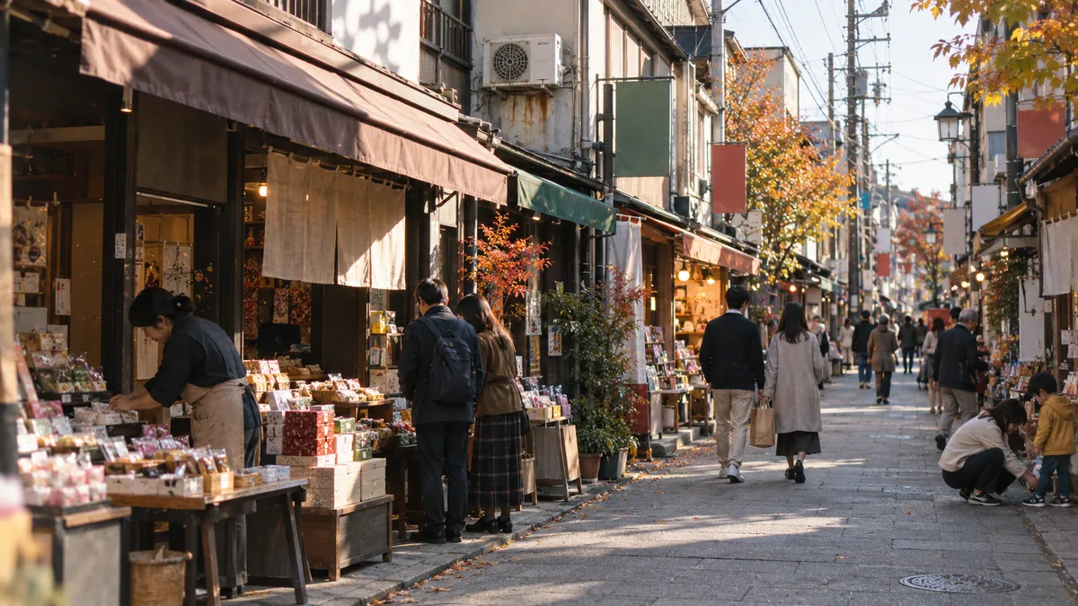 低い店が切れ目なく並ぶ細い歩行者の通り