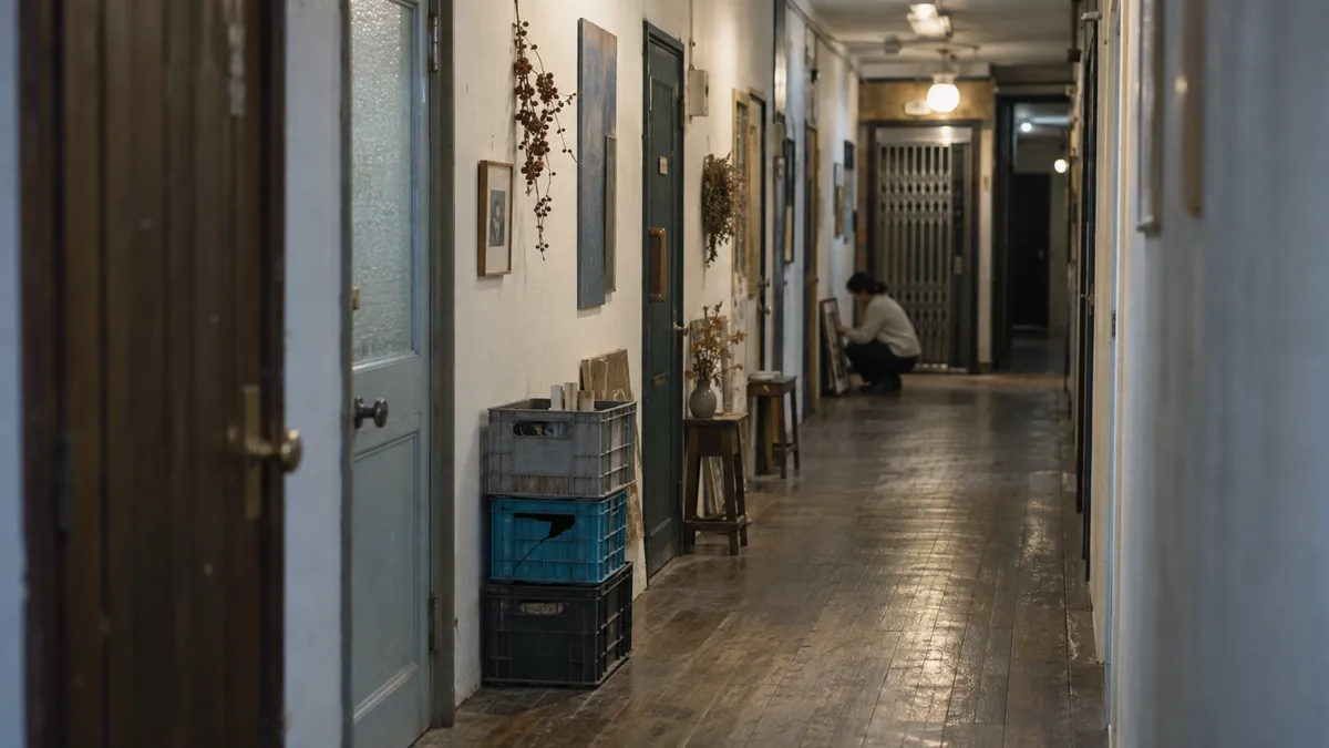 建物の中の廊下に扉が並ぶ