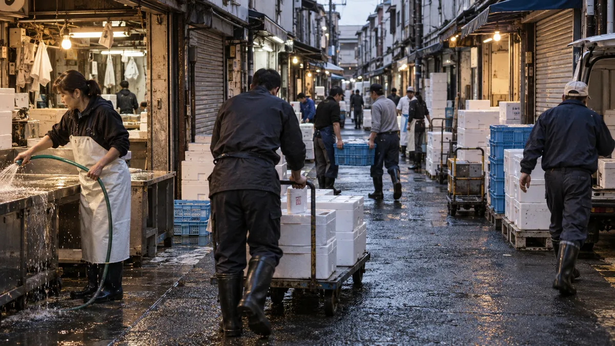 低い建物が両側に詰まった、幅のそろわない市場の路地