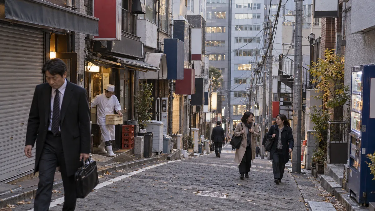 小さな店の並ぶ細い道が、はっきり傾いたまま下っていく