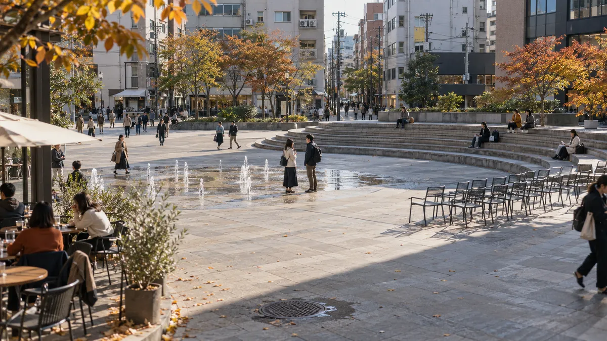 駅前の広場に低い噴水が上がる