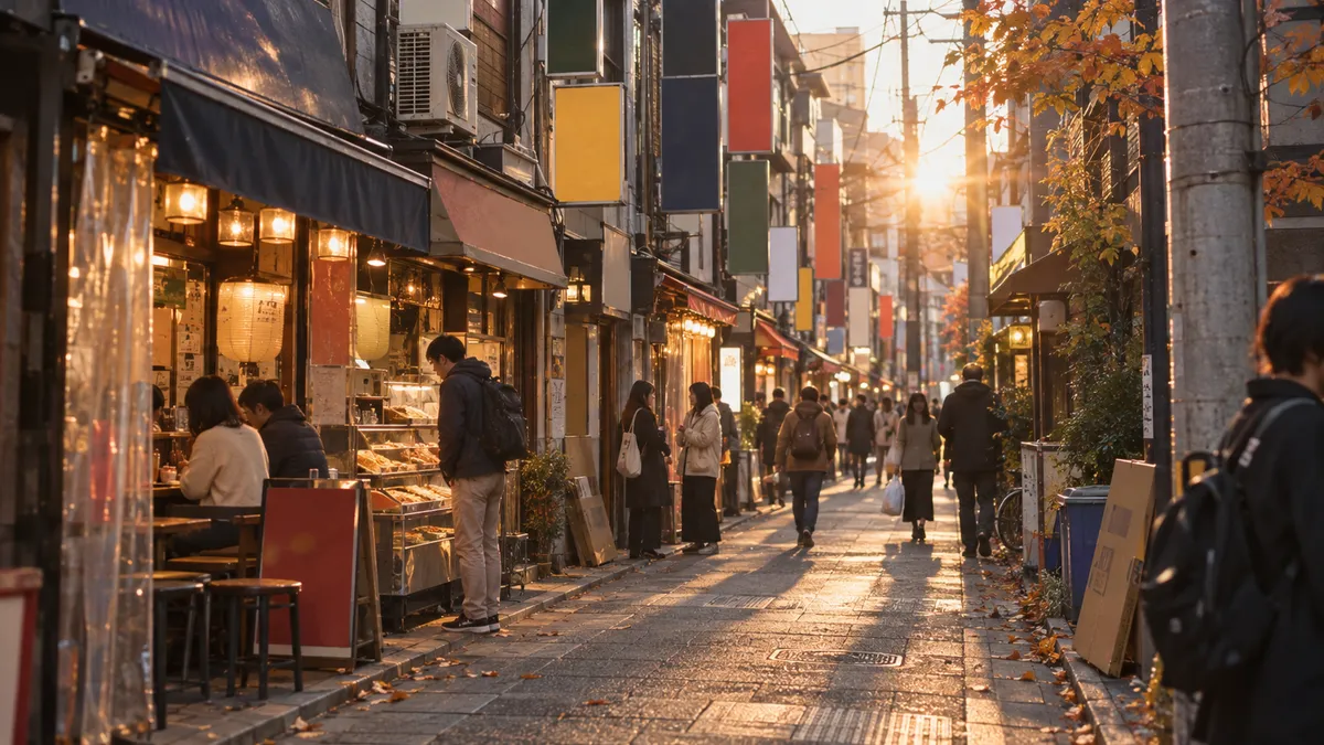 夕日の差し込む飲食店街の通り