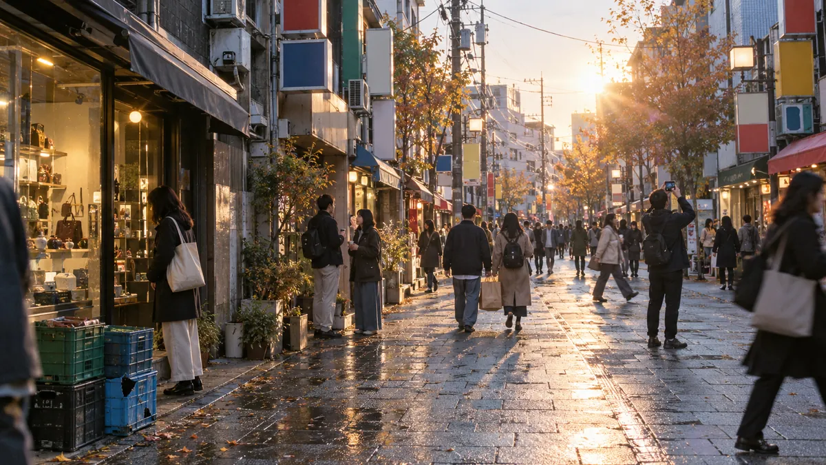 人が途切れずに流れる広い歩行者の通り