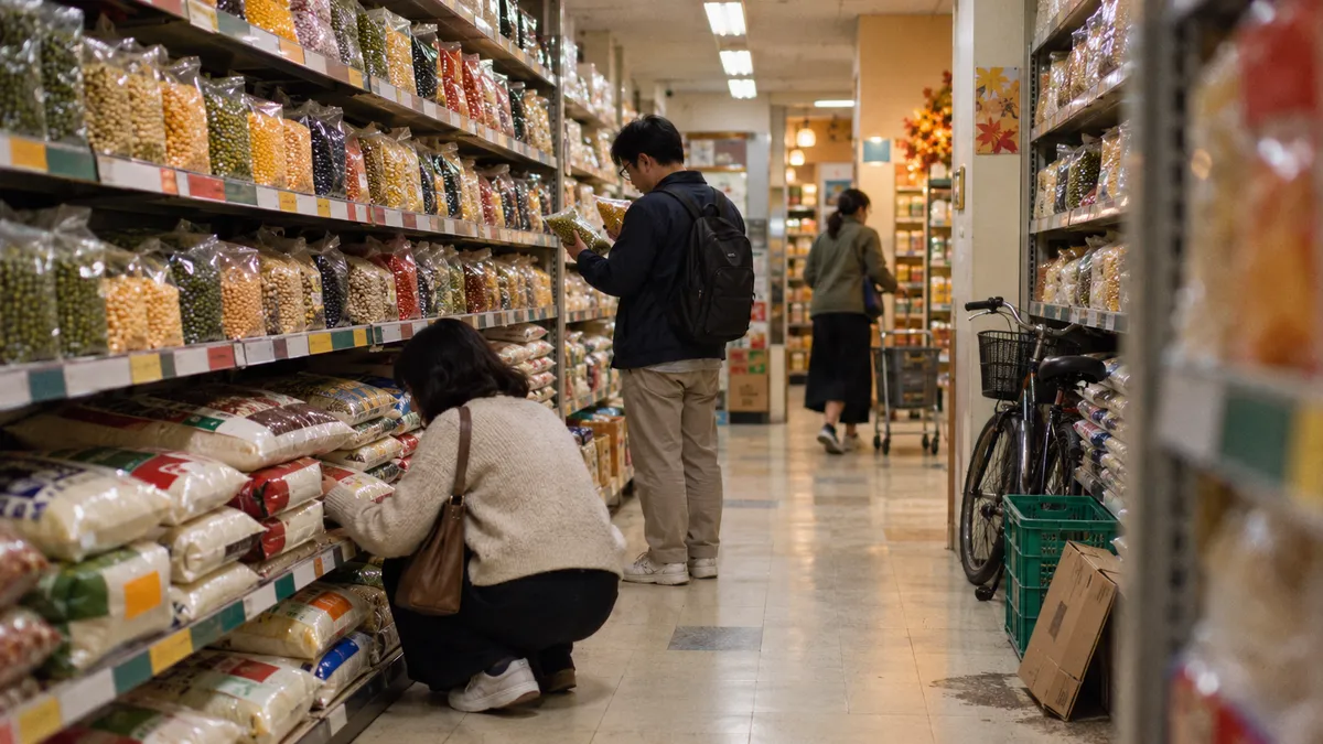 天井近くまで豆や米の袋が並ぶ棚の通路