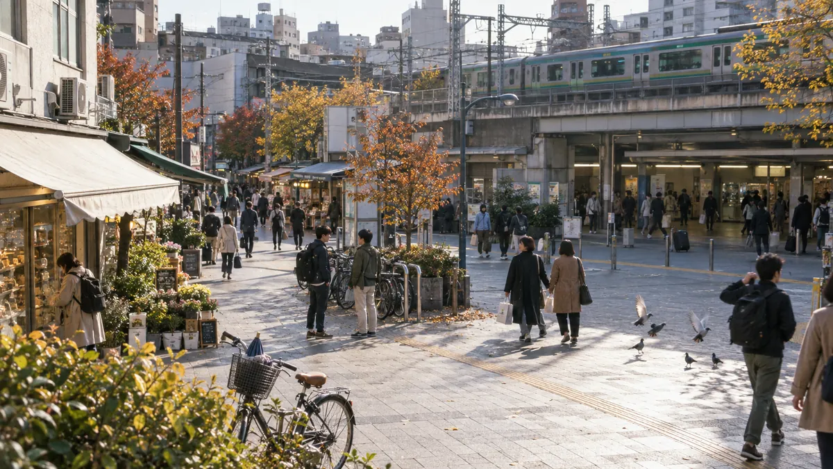 人の多い広い駅前広場