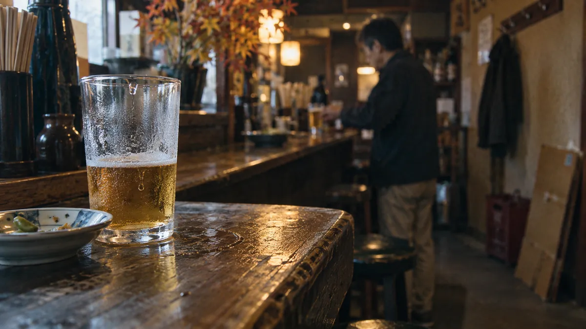 立ち飲みの使い込んだ木のカウンター