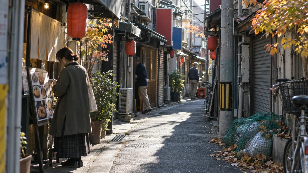 小さな店が肩を寄せて並ぶ細い路地