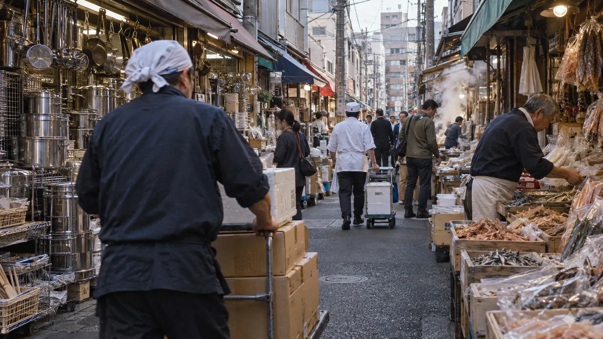 両側に鍋や乾物が積み上がった細い通り