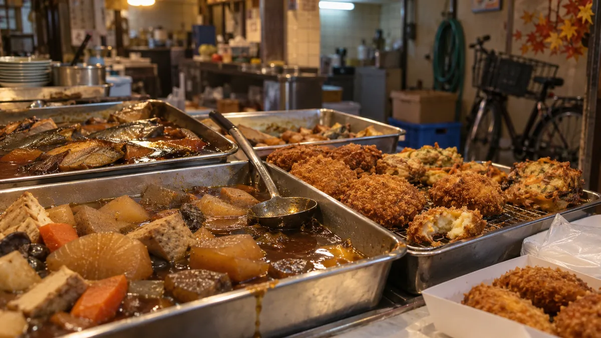 銀色のバットに、煮魚、大根と人参の煮物、コロッケ、かき揚げが並ぶ