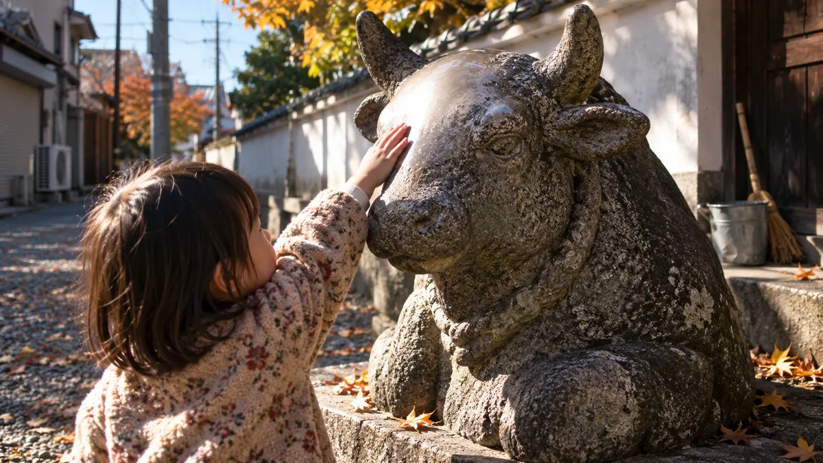 子どもが石の牛の像に手をのばして背を撫でている