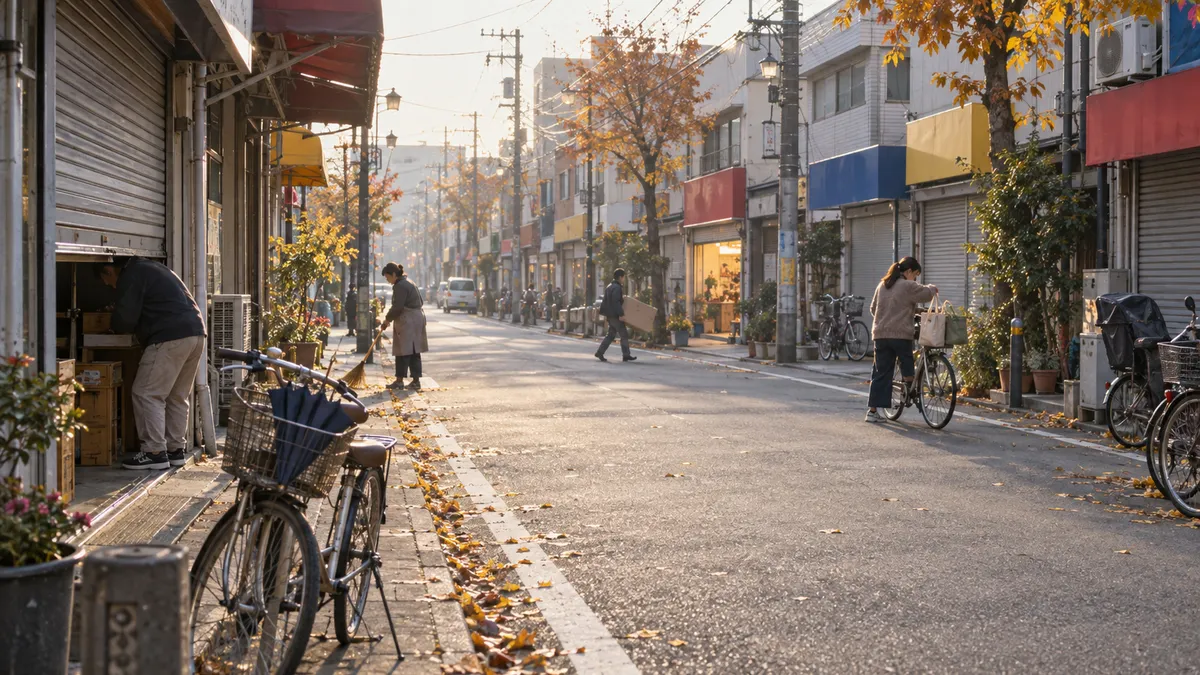 二階三階建ての低い店が続く、まっすぐな商店街