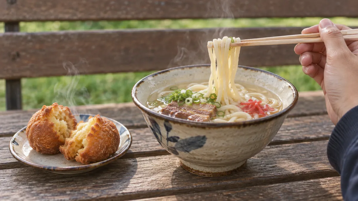 木のベンチに置かれた丼