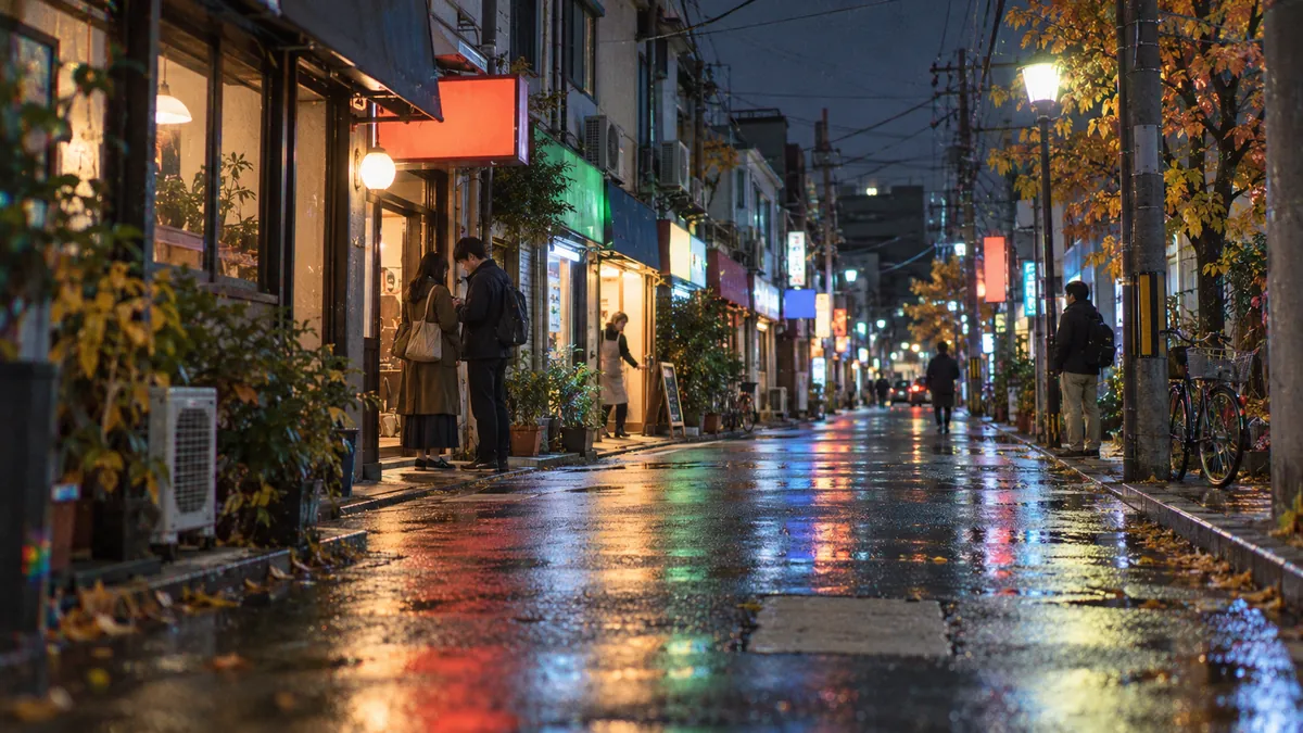 夜の、細くまっすぐな商店街