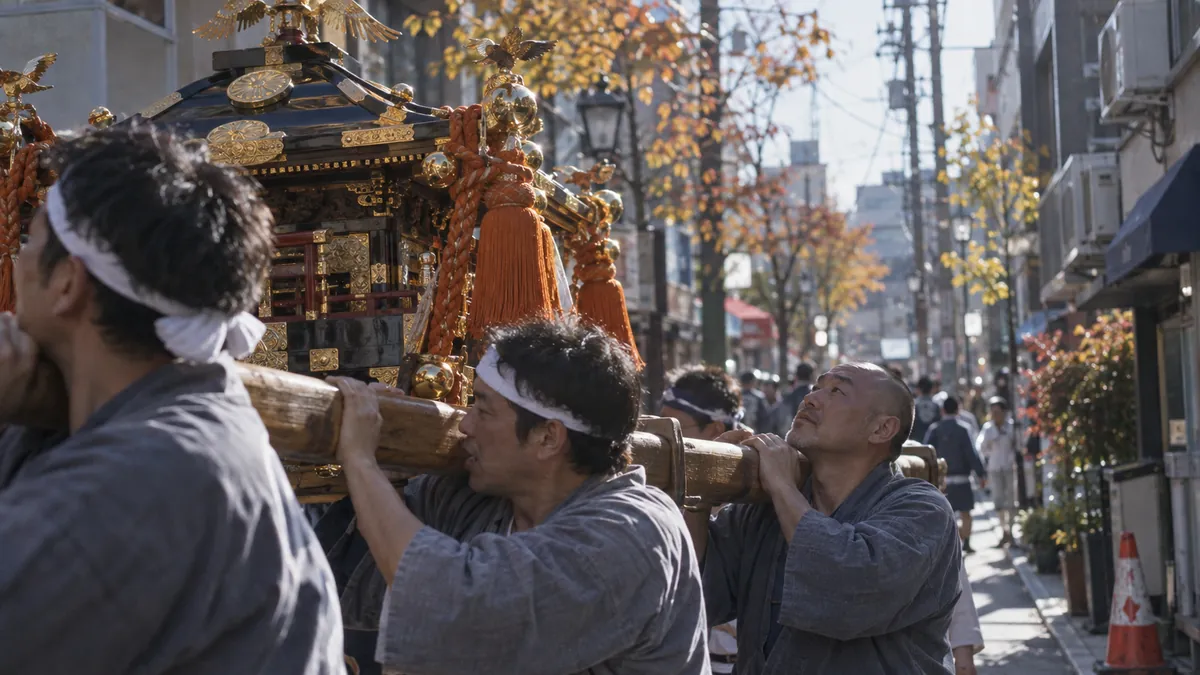担ぎ上げられた神輿を近くから見る
