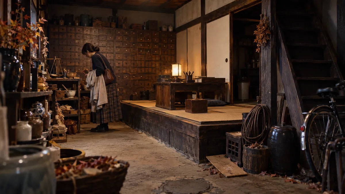 壁一面の小さな引き出しと、秤やすり鉢が並ぶ店の土間