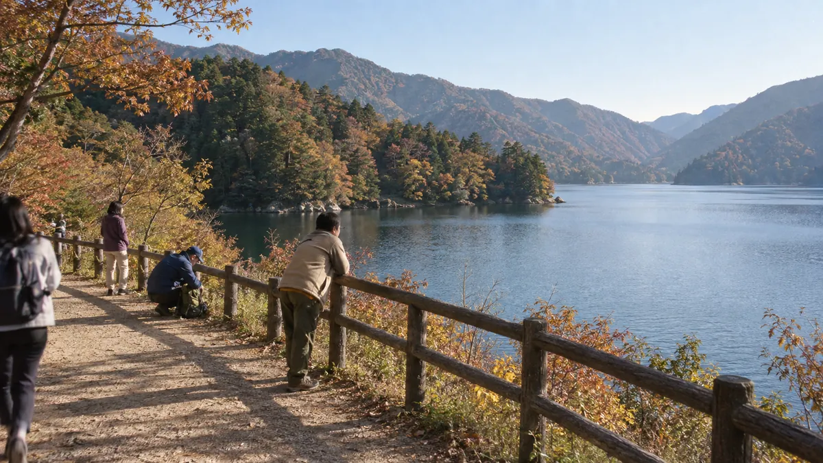 木の茂った半島が、穏やかな広い湖へ三方を水にして突き出している