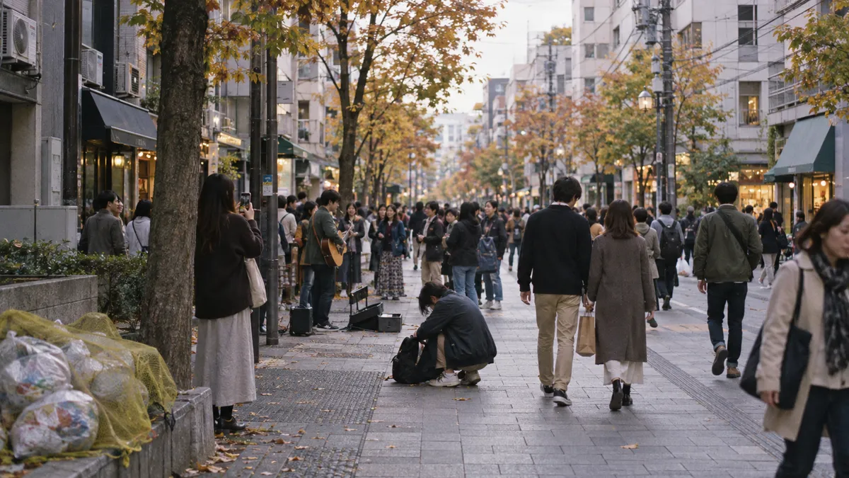 歩行者の通りを人が両方向へ流れる