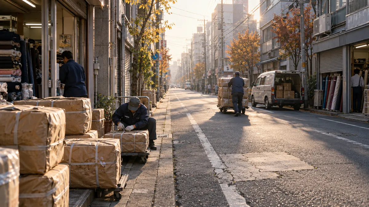 間口が狭くて奥行きのあるビルが、両側に詰まって続くまっすぐな通り