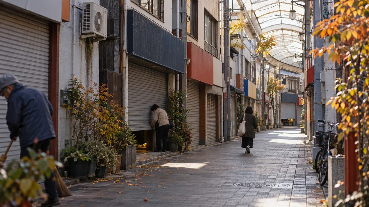 朝の屋根付き商店街