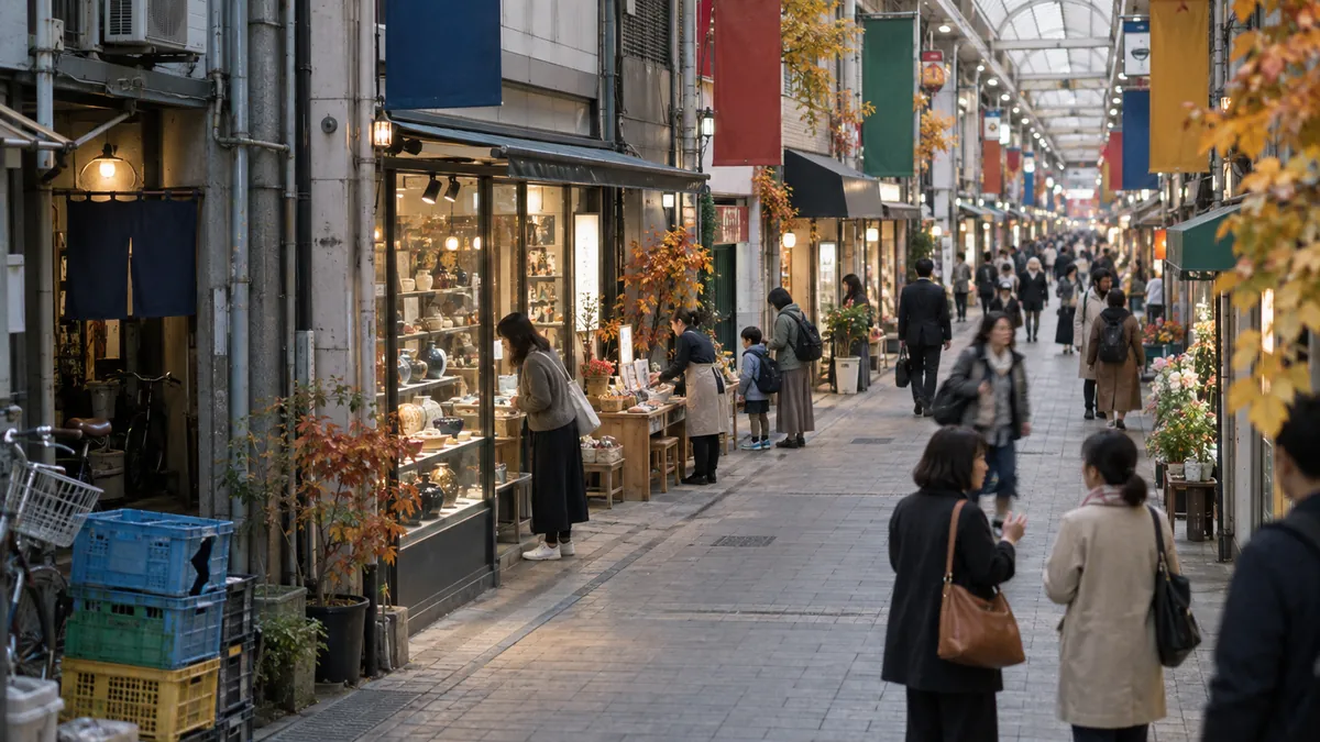 屋根のある歩行者の商店街を、端から奥まで見通す