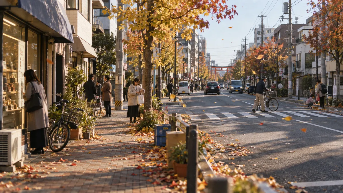 黄と赤の葉が舞い落ちる通り