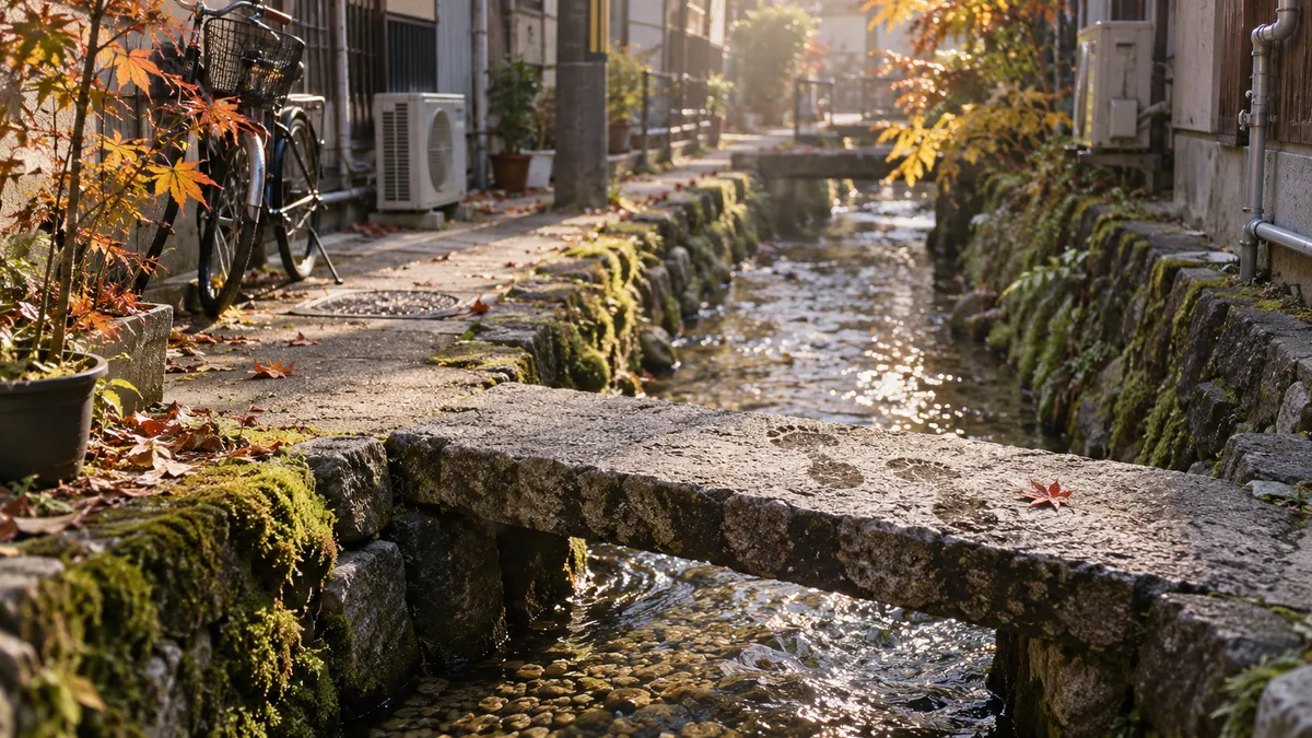 細い用水に一枚の石板が渡してあり、縁には苔がつき、紅葉が一枚載っている