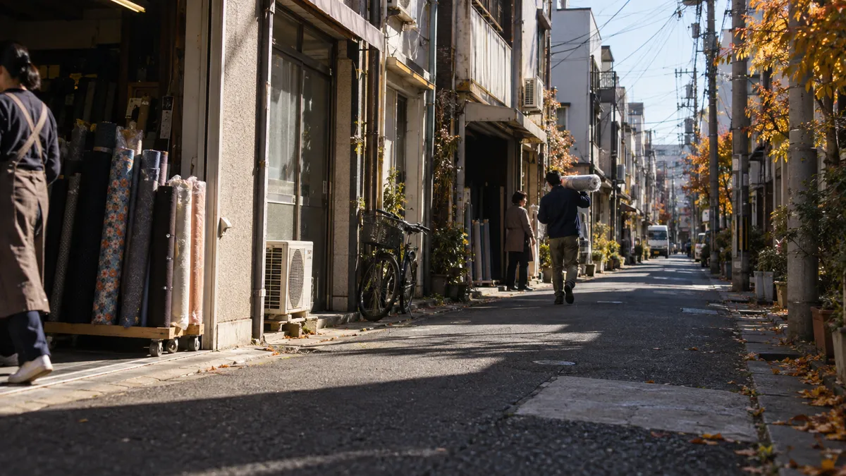 通りの幅に対して建物が高く、路面にも歩道にもずっと影が落ちている細い通り