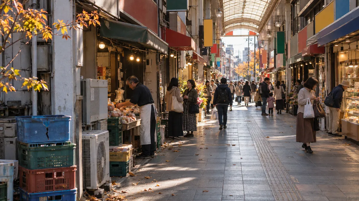 屋根の下に青果の店が続く