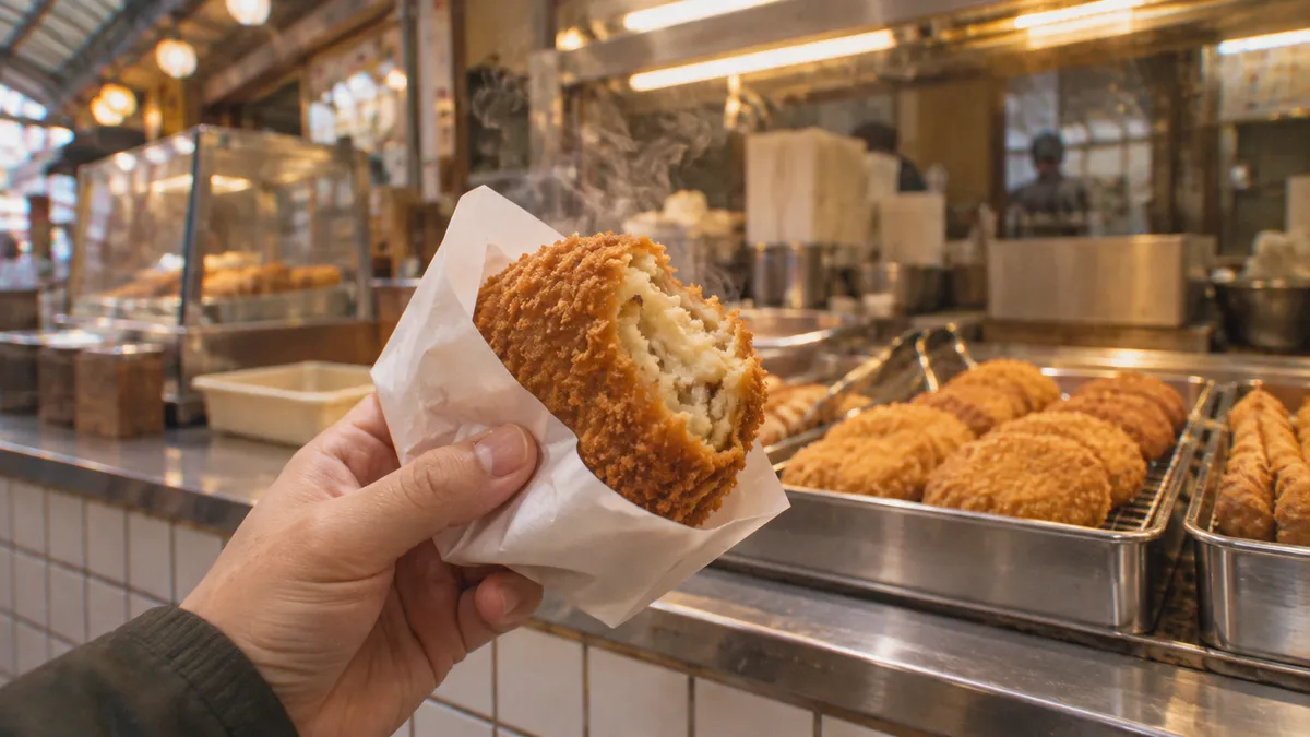 紙に包んだ揚げ物を手に持ち、割れた断面から湯気が立つ