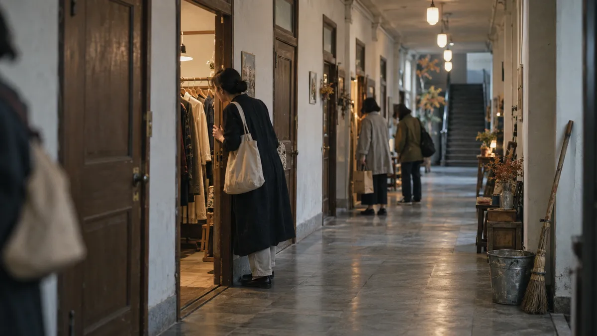 建物の中の廊下に服のラックが置かれている