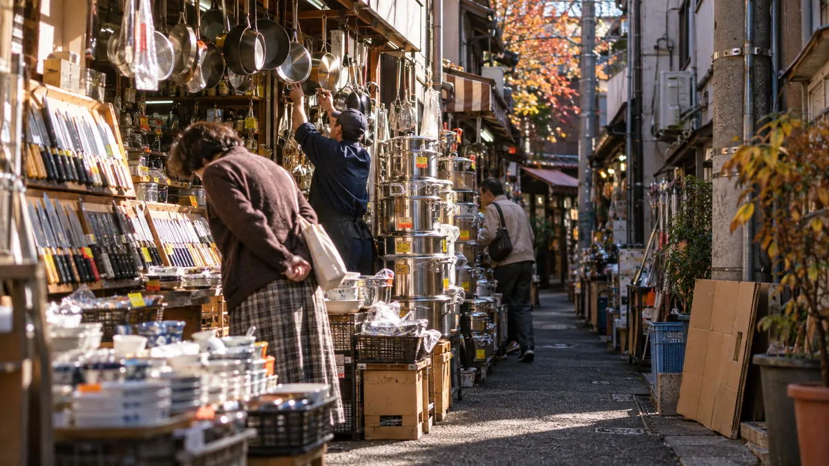 店先が通路にはみ出した細い道