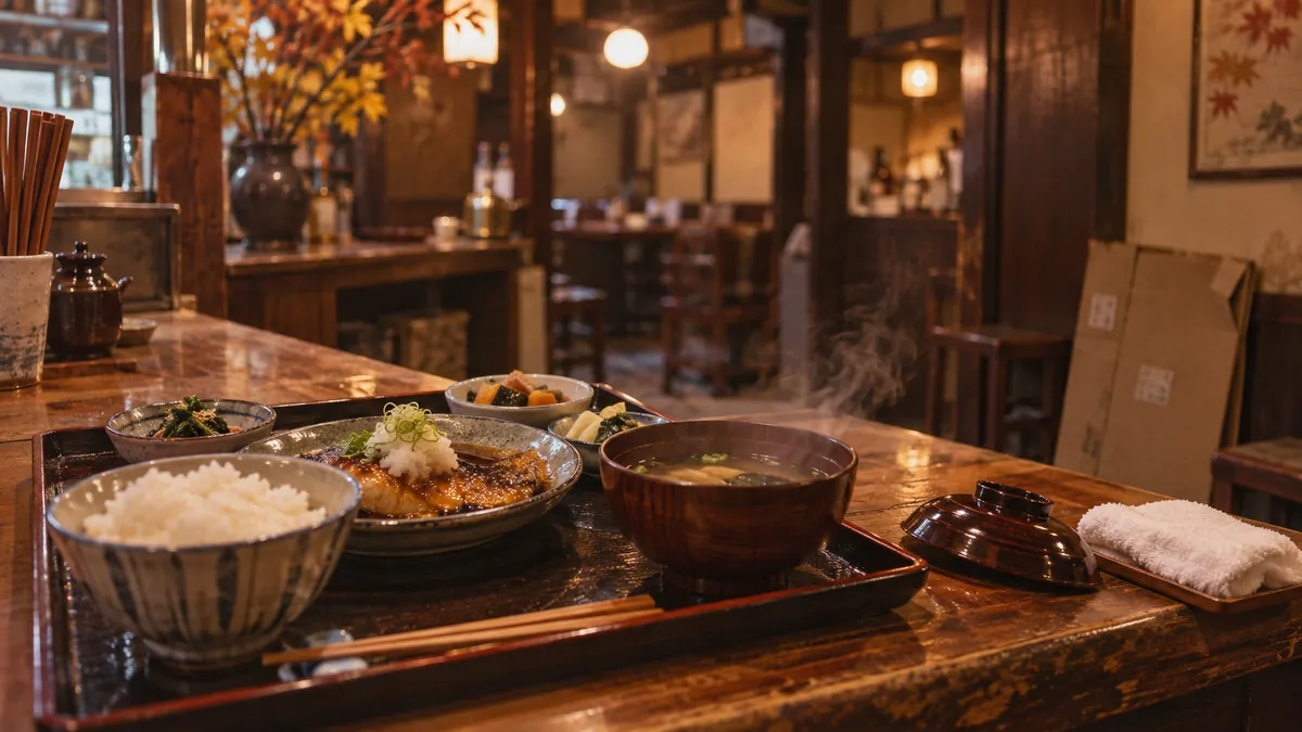 木のカウンターに置かれた定食の盆