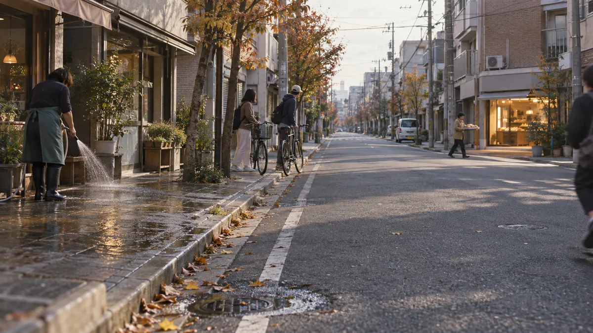 組み直された平らな街区を、広い直線の道が貫く