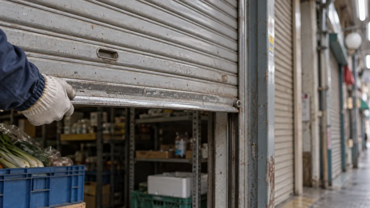 屋根のある商店街で、店先のシャッターが半分まで引き上げられている
