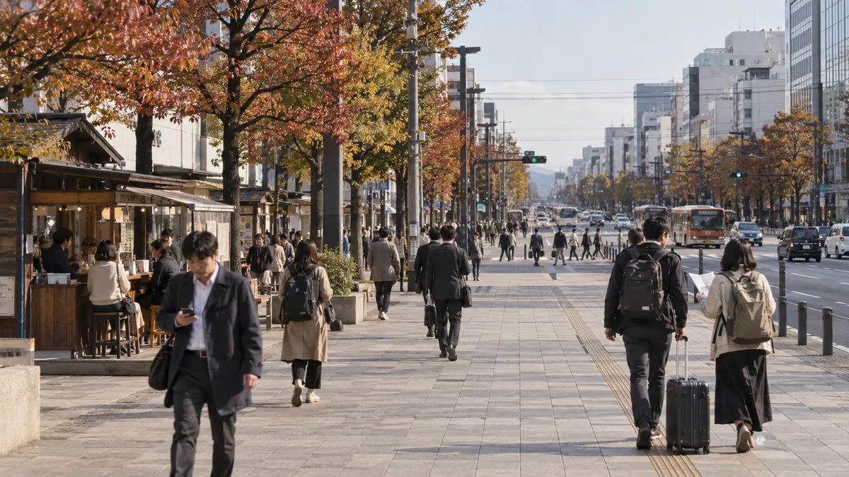 幅の広い歩道がまっすぐ延びる大通り