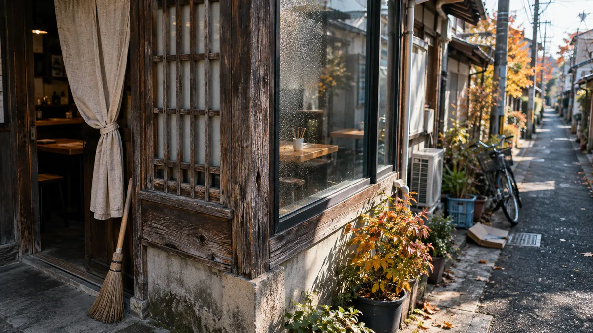 古い木の建具とガラス戸に朝の光が当たり、立てかけた箒と鉢植えが並ぶ