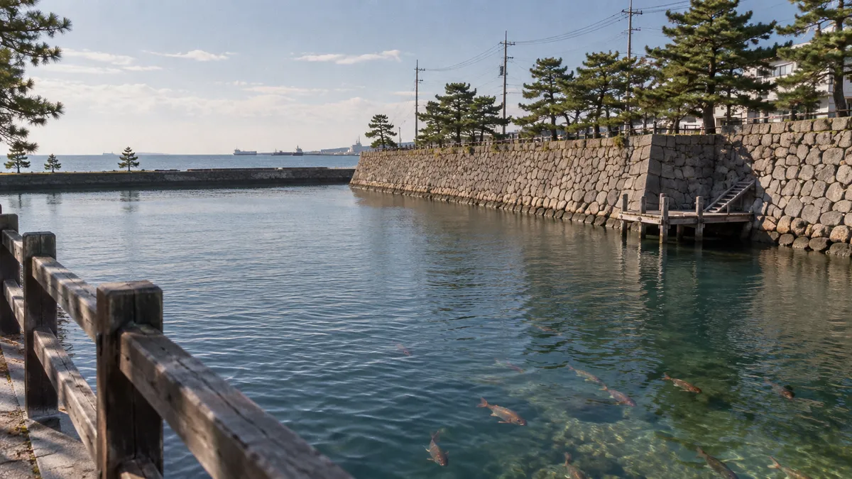 木の柵の向こうに広がる海水の堀