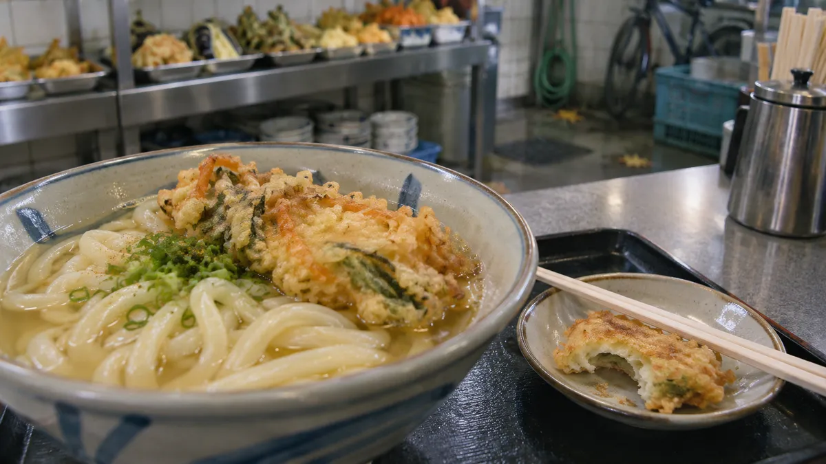 丼に太いうどんと刻みねぎ、衣をまとった天ぷらが載る