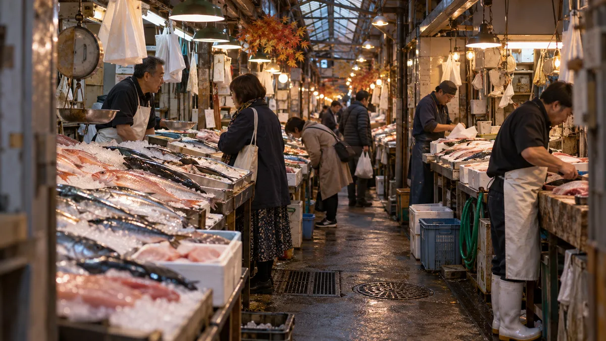 細い通路の両側に、氷の上の魚が並ぶ