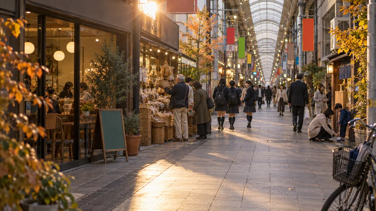 屋根のある商店街に夕方の光が差し込む