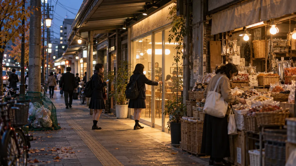 商店街の店先に明かりがともる