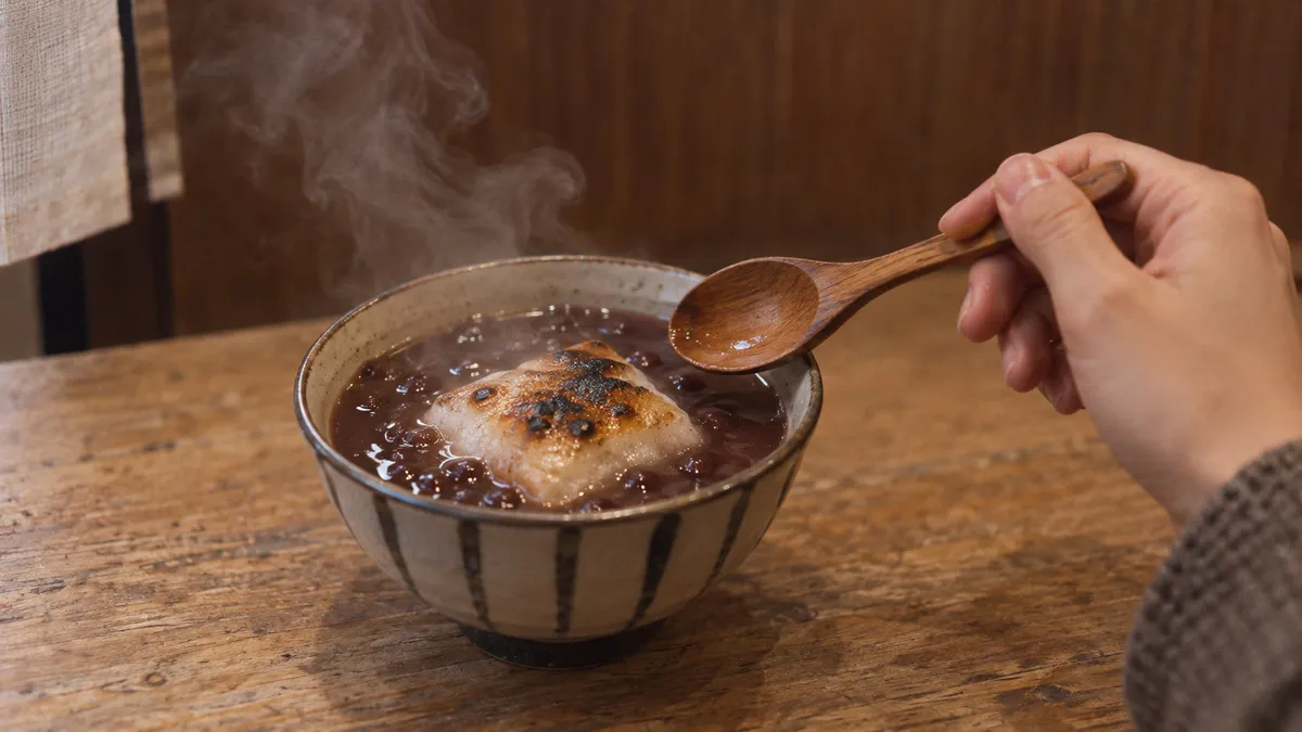 椀のぜんざいに焼いた餅が沈む