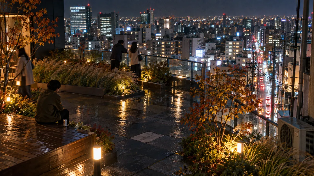 高い建物の上の夜の屋上庭園